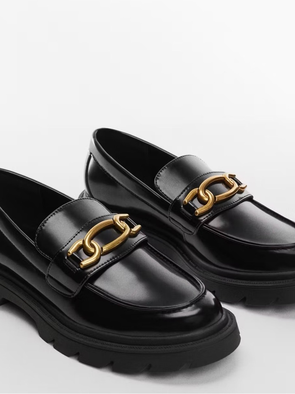 NWOT!! MNG Black Leather Loafers with Gold Chain Accent - Women's Shoes